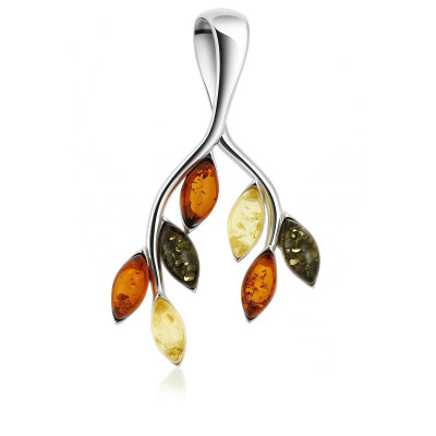 Pendentif Branche Ambre Multicolore et Argent 925
