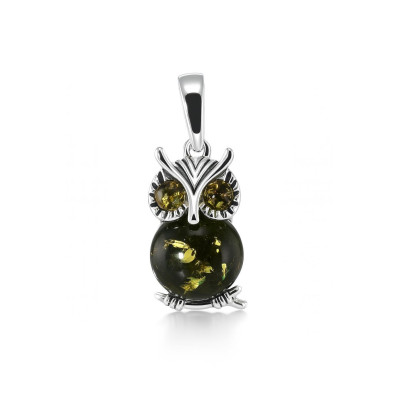 Pendentif chouette argent et ambre vert 