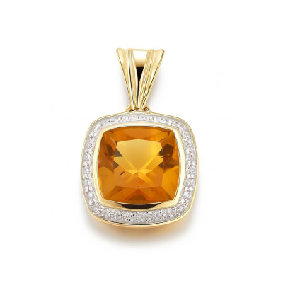 Pendentif Citrine Coussin 8mm et Diamant Or Jaune 375