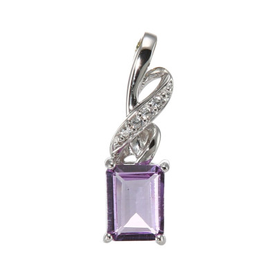 Pendentif en Argent 925 Rhodié Améthyste Rectangulaire 8x6mm et Oxydes