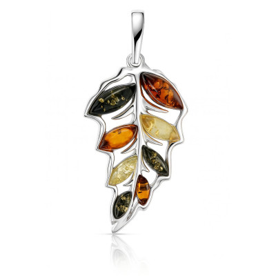Pendentif Feuille Ambre Multicolore et Argent 925