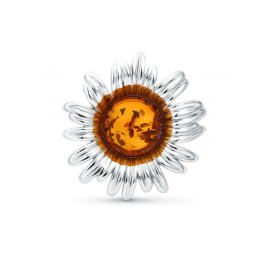 Pendentif Fleur Ambre rond 9mm sur Argent 925