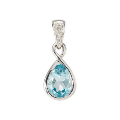 Pendentif Infini Or Blanc 375 Topaze bleue traitée Poire 8x6mm et Diamant