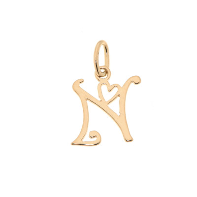 Pendentif Lettre N - Initiale N et coeur  en Or Jaune 750  