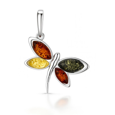 Pendentif Libellule Ambre Multicolore et Argent 925