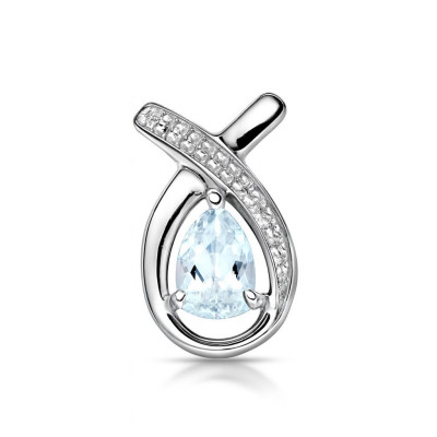 Pendentif Or Blanc 375 Aigue Marine Poire et Diamant