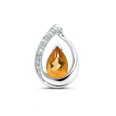 Pendentif  Or Blanc 375  Citrine Poire 6x4mm et Diamant 