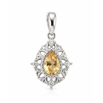 Pendentif Or Blanc 375 Citrine Poire 7x5mm et diamants