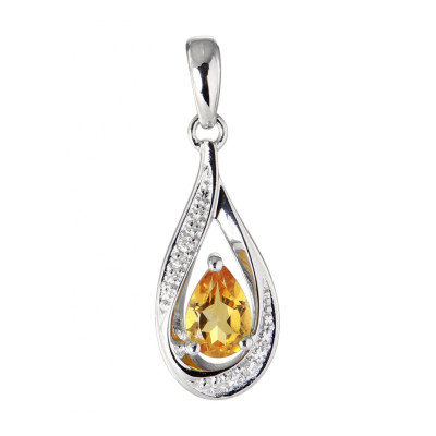 Pendentif Or Blanc 375 Citrine poire de 6x4mm et Diamants