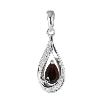 Pendentif Or Blanc 375 Grenat poire de 6x4mm et Diamants