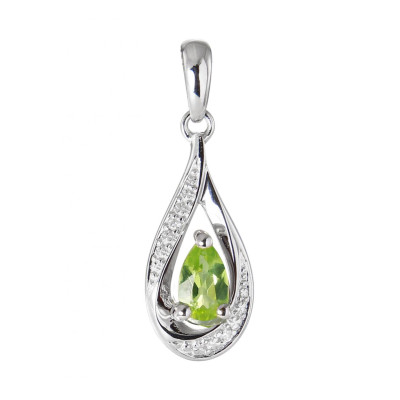 Pendentif Or Blanc 375 Péridot poire de 6x4mm et Diamants
