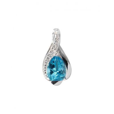 Pendentif Or Blanc 375 Topaze Bleue Poire 7x5mm et Diamant