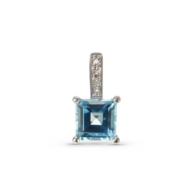Pendentif Or Blanc 375 Topaze  Bleue Traitée  Carrée 6x6mm et Diamant