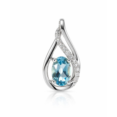 Pendentif Or Blanc 375 Topaze bleue traitée Ovale 6x4mm et diamants