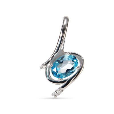 Pendentif Or Blanc 375 Topaze Bleue traitée Ovale 7x5mm et Diamant