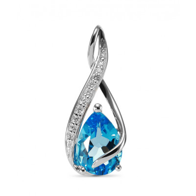 Pendentif Or Blanc 375 Topaze Bleue Traitée Poire 10x8mm et Diamant