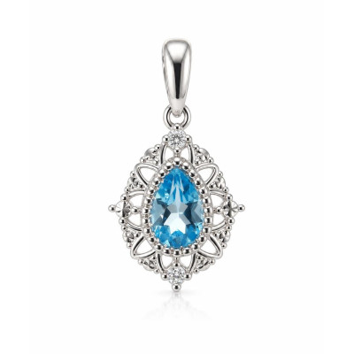 Pendentif Or Blanc 375 Topaze bleue traitée Poire 7x5mm et diamants