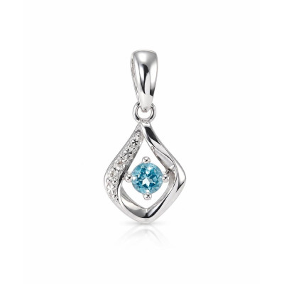 Pendentif Or Blanc 375 Topaze bleue traitée Ronde 3mm et diamants