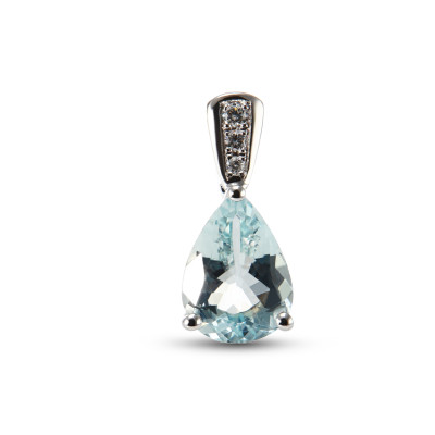 Pendentif Or Blanc 750 Aigue Marine AAA poire 9x7mm et Diamant