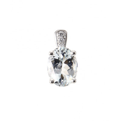 Pendentif Or Blanc 750 Aigue Marine Ovale 9x7mm et Diamant