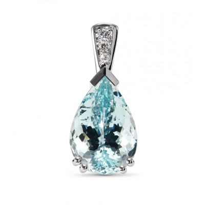 Pendentif Or Blanc 750 Aigue Marine Poire 15x10mm AAA et Diamants