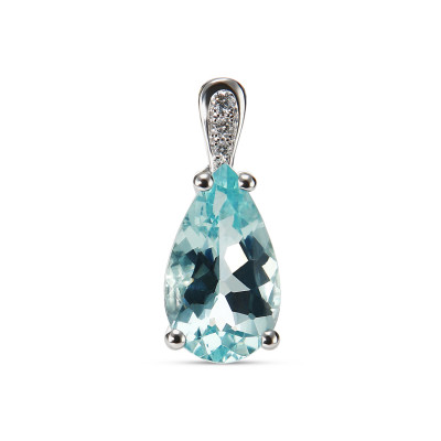 Pendentif Or Blanc 750 Aigue Marine Poire de 12x7mm et Diamants