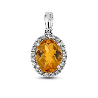 Pendentif Or Blanc 750 Citrine Ovale 8x6mm et Diamant