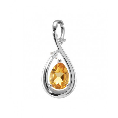 Pendentif Or Blanc 750 Citrine Poire 7x5mm et Diamant