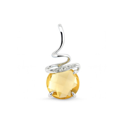 Pendentif Or  Blanc 750 Citrine Ronde  8mm et Diamant