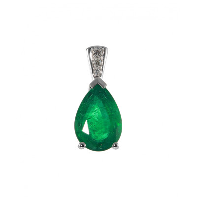 Pendentif Or Blanc 750 Emeraude AAA Poire 11x8mm et Diamant