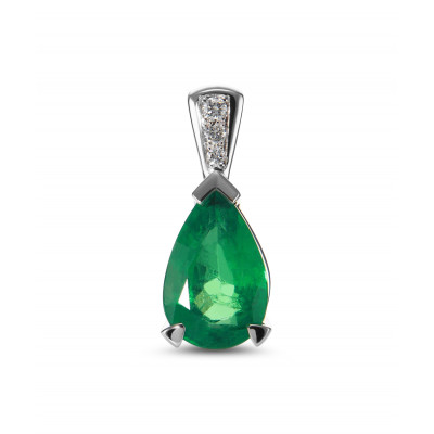 Pendentif Or Blanc 750 Emeraude AAA Poire 9x6mm et Diamant