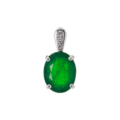 Pendentif Or Blanc 750 Emeraude Ovale 10x8mm et Diamant