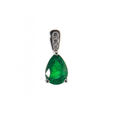 Pendentif Or Blanc 750 émeraude poire 8x6mm AAA et diamant