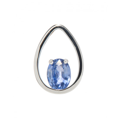 Pendentif Or Blanc 750 Saphir Ceylan Ovale 8x6mm