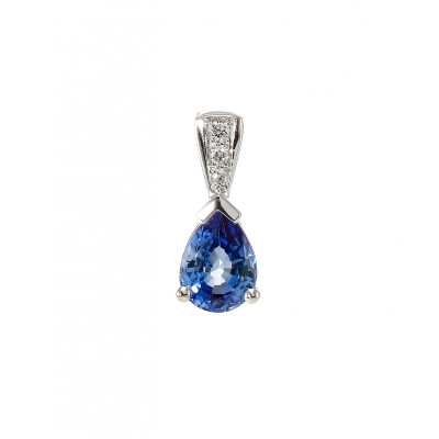Pendentif Or Blanc 750 Saphir de Ceylan AAA poire 7x5mm et diamants
