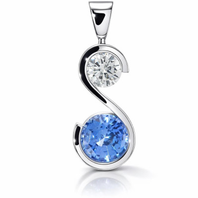 Pendentif Or Blanc 750 Saphir de Ceylan Rond et Diamant