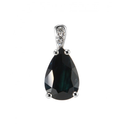 Pendentif Or Blanc 750 Saphir Poire 11x9mm  et Diamants