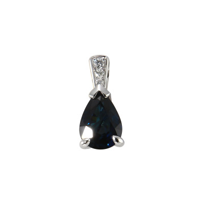 Pendentif Or Blanc 750 Saphir Poire 8x6mm et Diamants