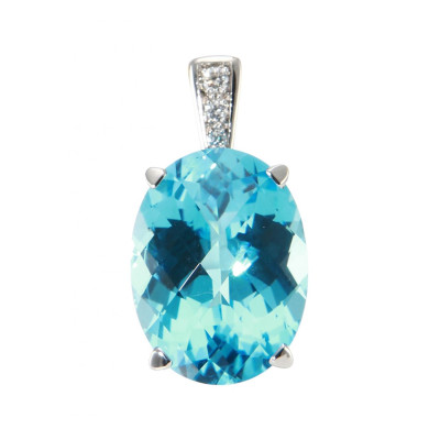 Pendentif Or Blanc 750 Topaze Bleue traitée Ovale 20x15mm et diamants