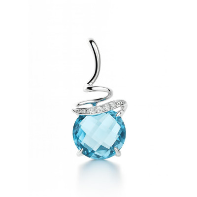 Pendentif Or Blanc 750 Topaze bleue traitée Ronde 8mm et Diamant
