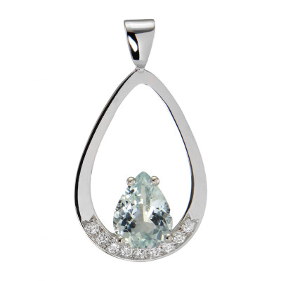Pendentif Or Blanc Aigue Marine Poire 9x7mm et diamants