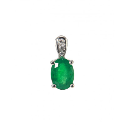 Pendentif Or Blanc Emeraude Ovale 8x6mm et Diamant