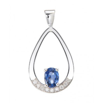 Pendentif Or Blanc Saphir  de Ceylan Ovale 7x5mm et Diamant