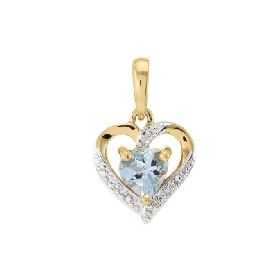 Pendentif Or jaune 375 Aigue Marine coeur 5x5mm et Diamant