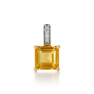 Pendentif Or Jaune 375 Citrine Carrée 6x6mm et Diamant