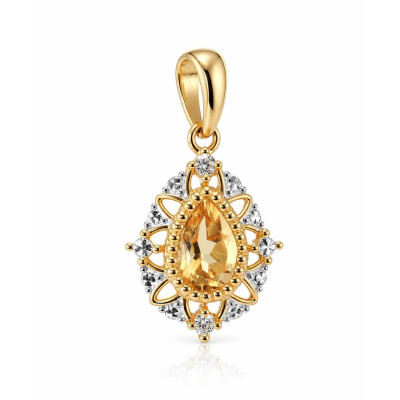Pendentif Or Jaune 375 Citrine Poire 7x5mm et diamants