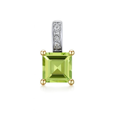 Pendentif Or Jaune 375 Péridot Carré 6x6mm et Diamant