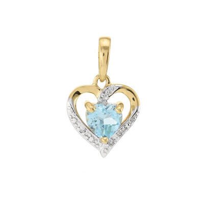 Pendentif Or jaune 375 Topaze bleue traitée coeur 5x5mm et Diamant