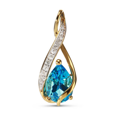 Pendentif Or Jaune 375 Topaze Bleue Traitée Poire 10x8mm et Diamant
