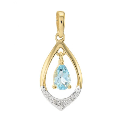 Pendentif or jaune 375 Topaze Bleue traitée poire 6x4 et diamant